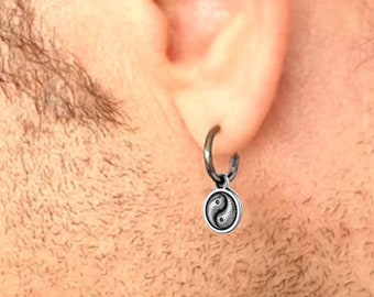 Mens Earring, Yin Yang Earrings for Men, Balance Earring Black Earring, Designer Mens Jewelry Gift for him, Oxidized Sterling silver Jewelry