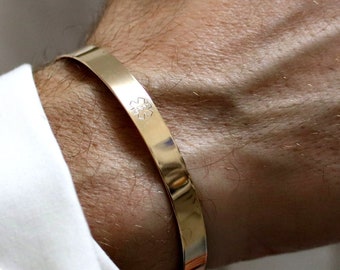 Gold Engraved Medical ID Bracelet for Men Custom Medical Alert Cuff Emergency Contact Star of Life/Caduceus Bangle Personalized Med Jewelry