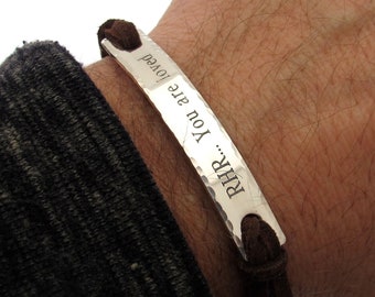 Personalized Mens Bracelet Boyfriend Gift for Him Custom Mens Leather Bracelet Personalized Mens Gift Sterling Silver ID Bracelet Engraved