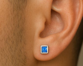 Square Studs for Men Blue Gemstone Stud Earrings, Mens Studs 925 Sterling Silver Geometric Earrings Jewelry Gift for Him Modern Post studs