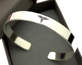 Custom Medical ID Cuff Bracelet Caduceus Sterling Silver Medical ID Bracelet Unisex bracelet Emergency Contact Bracelet, Medical Alert