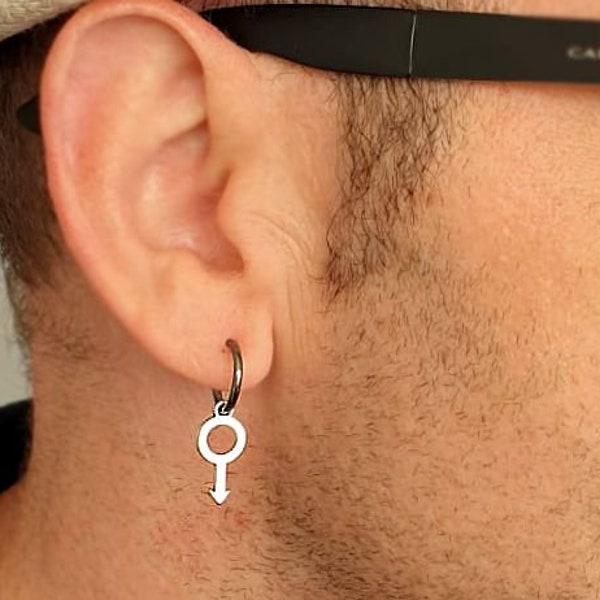 Mens Dangle Earring, Male Earring, Mens Gender Symbol Earring, Black Sterling silver Hoop, Male symbol earring, mens gay earring, Lgbt Sign