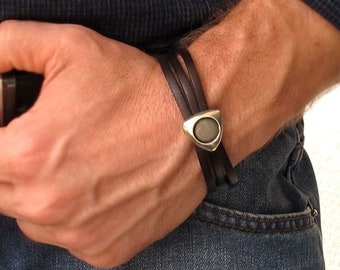 Bracelet en cuir multicouche pour homme - Bijoux personnalisés pour lui - Bracelet de créateur pour homme, cadeau petit ami gravé initiales, noir/marron