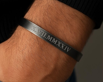 Memory Bracelet With Date for Men Roman Numerals Date Black Cuff Bracelet Mens Personalized Gift -  Engraved Black Cuff Bnagle for him
