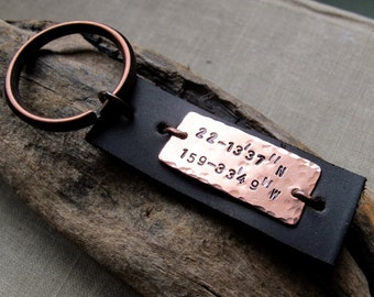 Custom Coordinates Keychain Mens Keychain Copper Leather Key Chain Latitude Longitude Keychain Presents, Boyfriend Birthday Gifts for Man