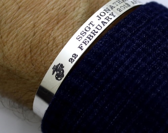 Pulsera conmemorativa militar de plata Pulsera conmemorativa SSGT personalizada para hombres Regalo marino Brazalete grabado de plata Regalo de recuerdo para veteranos