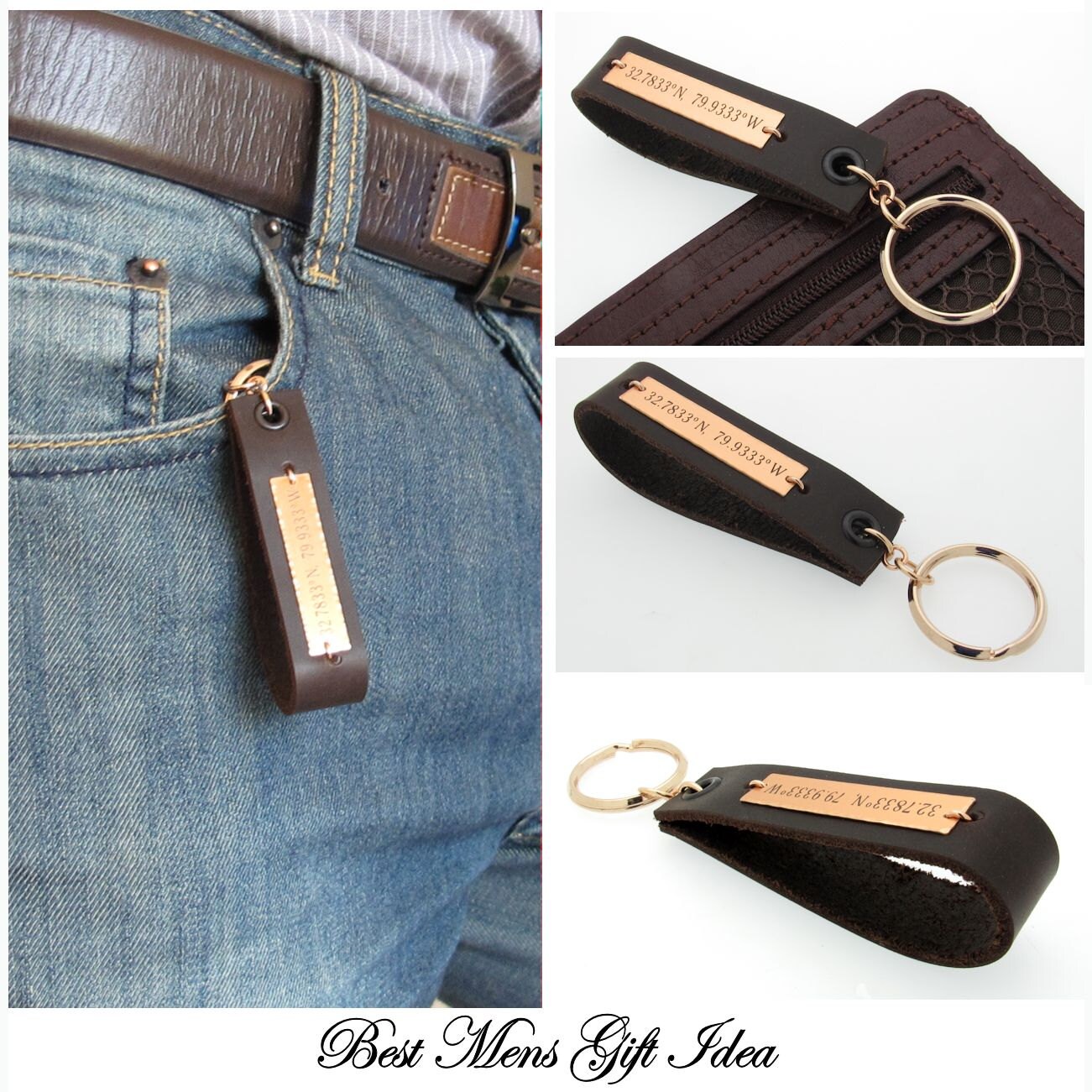 GPS Leather Key Chain for Men Personalized Mens GiftLatitude Etsy