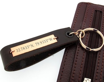 Leather Metal Keychain, Personalized Boyfriend Gift, Personalized Keychain For Him, Engrave with Coordinates, Names, Birthdates, Mens Gift