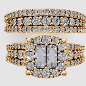 Puede incluir: Dos anillos de oro con gemas claras y brillantes. Un anillo presenta una piedra central cuadrada con dos piedras rectangulares, rodeada de gemas más pequeñas. El otro anillo es una banda de gemas más pequeñas. Joyas.