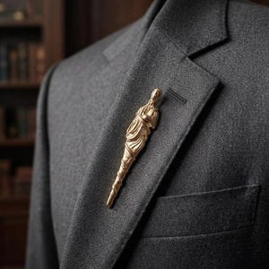 May include: A gold-toned metal lapel pin shaped like a slender, draped figure with arms crossed, attached to the left lapel of a dark gray wool-textured blazer. The pin features intricate sculpted details and a tapered, pointed base design.