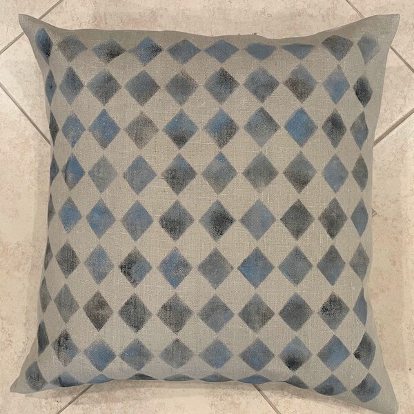 Natural Gray/Tan/Blue Harlequin Pattern on 100% Linen 20" Pillow Cover