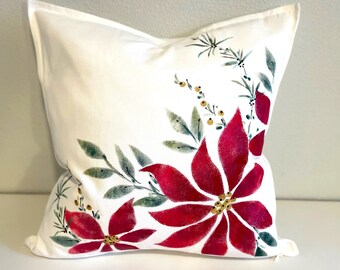 Hand Painted Poinsettia Christmas 20" Pillow Cover