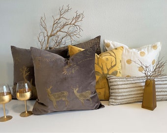 Black, Mink or Gray Velvet, Hand Painted Gold/Silver metallic deer 20&quot; Pillow cover