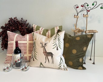 Country Christmas Hand Painted Deer on Natural 20&quot; Linen or Red Velvet Pillow Cover