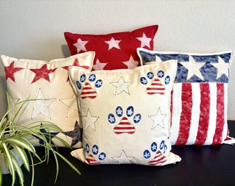 Hand Painted Patriotic Pillow Cotton covers, White with flag, Natural with Stars and Red with stars 20" Square