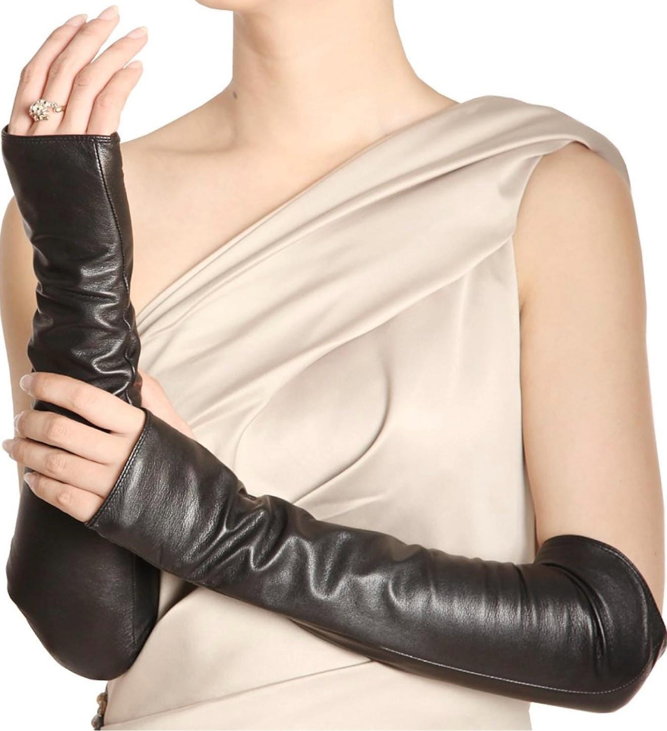 Brown Leather Opera Gloves: Fingerless, Arm-Length, Handmade Evening Wear