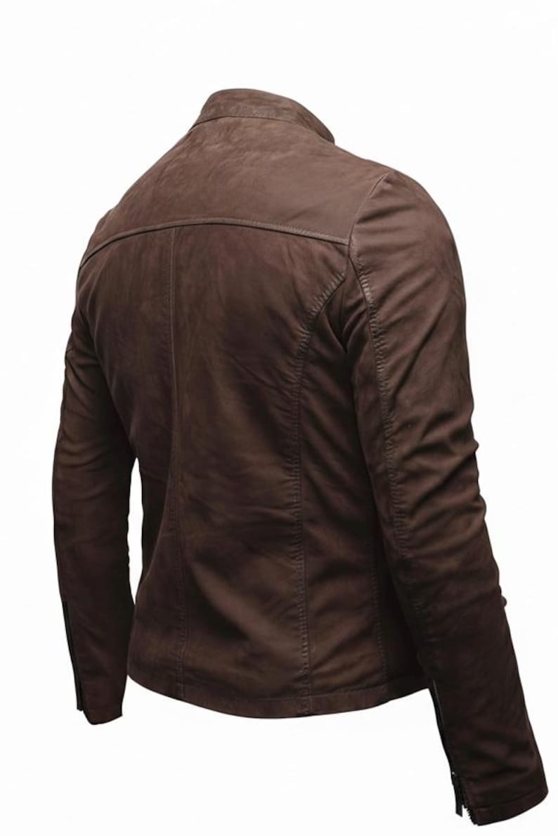 May include: A brown jacket with a stand-up collar, long sleeves, and a back yoke seam. The garment features vertical panel stitching along the back and sleeves, with visible zips at the cuffs, showcasing a smooth, matte-textured finish.