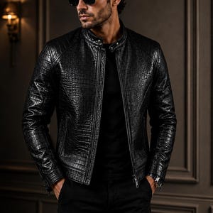 Men's Black Crocodile Embossed Leather Jacket, Minimalist Biker Style