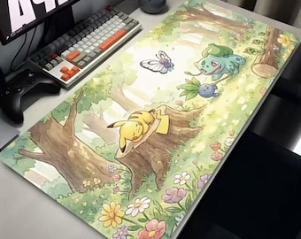 Pikachu & Bulbasaur-muismat XL – schattige bos-Pokémon bureaumat – Pikachu Bulbasaur botervrije gaming-muismat – natuur Pokémon-bureaumat