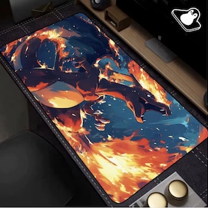 May include: A rectangular mousepad featuring a fiery dragon design. The artwork depicts a dragon in shades of orange, red, and black against a blue background, with flames engulfing the lower portion of the pad. The mousepad is designed for computer use.