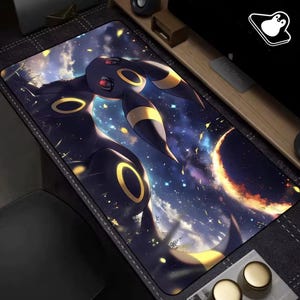 May include: A rectangular mousepad featuring a dark illustration of a Pokemon character with black fur and yellow accents. The background depicts a starry night sky with a crescent moon.