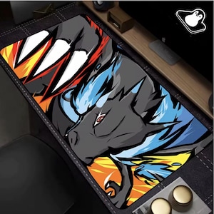 May include: A rectangular gaming mousepad featuring a stylized illustration of a wolf-like creature with sharp claws and a fierce expression. The design incorporates vibrant colors, including black, blue, orange, and white, creating a dynamic and energetic aesthetic.