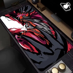 May include: A rectangular mousepad with a vibrant abstract design. The artwork features a dynamic composition of red, black, white, and pink hues. The mousepad is designed for computer use and adds a bold aesthetic to any workspace.