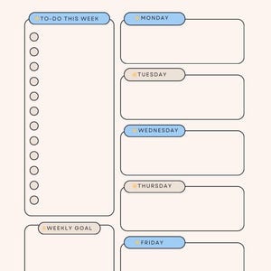 May include: A weekly planner with a cream background and pastel accents. The planner includes sections for "To-Do This Week" and "Weekly Goal," along with spaces for each day of the week. Decorative elements include a cloud, stars, and hearts.