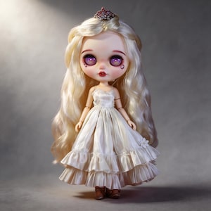 May include: A collectible doll with long, wavy blonde hair and large purple eyes. The doll wears a cream-colored dress with layered ruffles and a small tiara. The doll's face has detailed makeup, including red lips.
