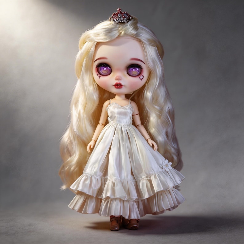 May include: A collectible doll with long, wavy blonde hair and large purple eyes. The doll wears a cream-colored dress with layered ruffles and a small tiara. The doll's face has detailed makeup, including red lips.