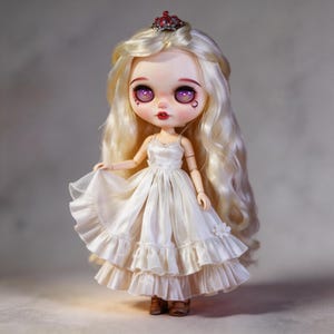 May include: A collectible doll with long, wavy blonde hair and large, expressive purple eyes. The doll wears a white dress with layered ruffles and a small red jeweled crown. The doll is holding the skirt of the dress.