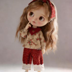 Puede incluir: Una muñeca con cabello rubio largo y ondulado y ojos marrones grandes, que lleva una diadema roja y una blusa beige con un estampado de fresas. La muñeca también lleva pantalones rojos con lunares blancos, ribete de encaje blanco y zapatos blancos.