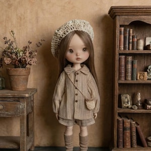 May include: A doll wearing a beige knitted ensemble: a collared shirt, shorts, socks, and a beret. The doll has long brown hair and brown leather shoes. A small woven purse hangs from the doll's shoulder. A wooden bookshelf is in the background.
