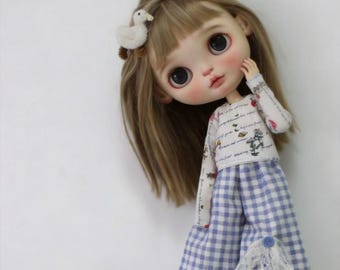 Floral Top Blue Gingham Pants Set for Blythe OB24 OB22 Azone Clothes