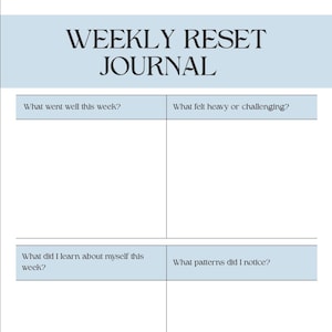 May include: A white Weekly Reset Journal with a light blue header. The journal includes prompts for self-reflection, such as "What went well this week?" and "What patterns did I notice?" The text is in a dark, sans-serif font.