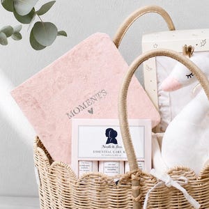 May include: A woven wicker basket with scalloped edges and tan handles containing a pink velvet book labeled MOMENTS, a Noodle & Boo Essential Care Kit, and a white plush swan toy with a gold crown, all arranged together in a gift set.