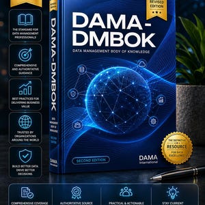 Peut inclure: Un livre relié bleu intitulé DAMA-DMBOK Data Management Body of Knowledge Second Edition. La couverture présente un globe numérique lumineux avec des lignes de réseau, des sceaux dorés et du texte détaillant les normes professionnelles.