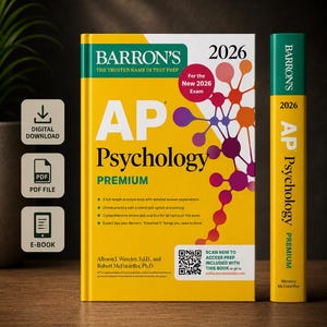 May include: A yellow "AP Psychology Premium" textbook by Barron's for the 2026 exam. The book includes practice tests, online practice, and expert tips. A smaller, matching book is also visible. The book is on a wooden surface.