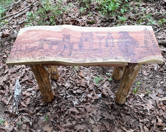 Cedar Bench - Custom Castle Ruin and Hawk Woodburning!