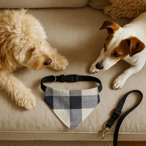 May include: A black and white plaid dog bandana and collar set with a matching black leash. Two dogs are lying on a beige sofa, one golden and one white and brown, near the pet accessories.