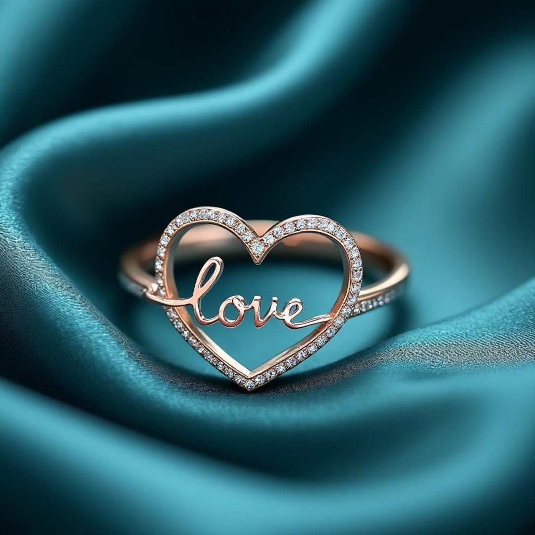 14k Rose Gold Diamond Heart Love Script Ring, Promise Anniversary Band ...