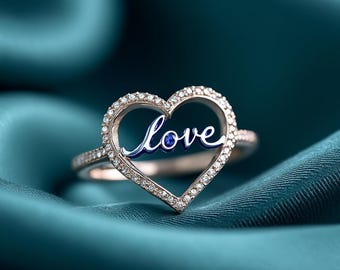 14k Rosegold Diamant Herz Liebe Ring, Blau Saphir Schrift (Versprechen Ring)