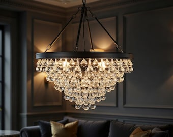 Black Crystal Chandelier, Round Ceiling Pendant Lamp, 20" Flush Mount Light