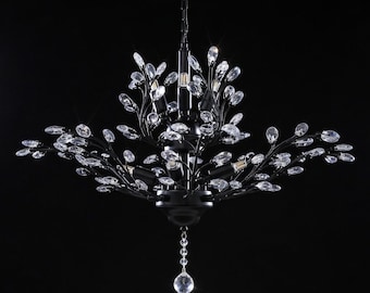 Black Iron Crystal Branch Chandelier, 7-Light Farmhouse Fixture, Clear Crystal Leaves