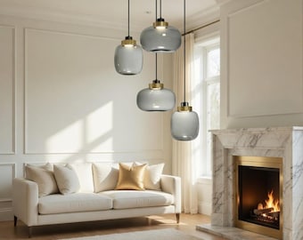 Modern 4-Light Smoky Gray Glass Globe Cluster Pendant Light | Contemporary Cluster Chandelier for Kitchen, Living, Dining, Bed Room