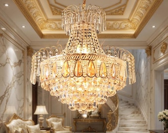 20" Gold K9 Crystal Rain Drop Empire Chandelier | 8-Light Luxury Crystal Pendant Ceiling Light for Dining Room Living Room Bedroom