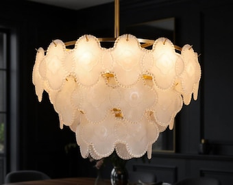 Gold Flower Petal Chandelier – Layered Acrylic, K9 Crystal, Ambient Glow Light