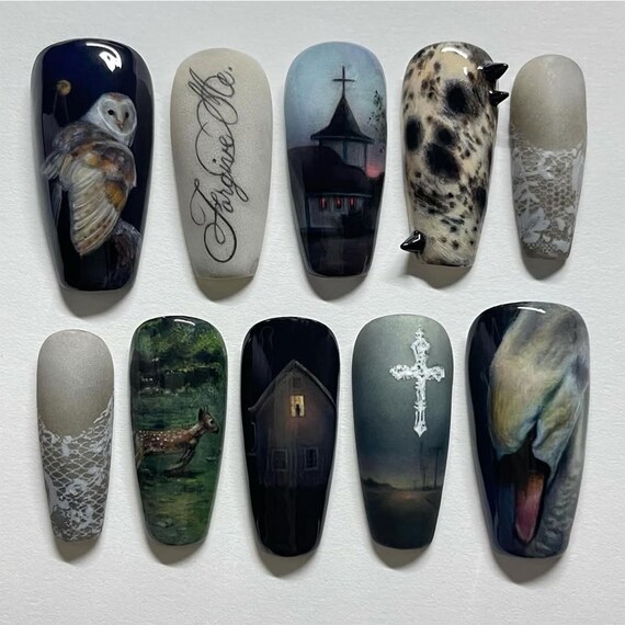 Handmade Gothic Horror Press On Nails | Dark Art Painting Nails | Cross Church Owl Creepy Set