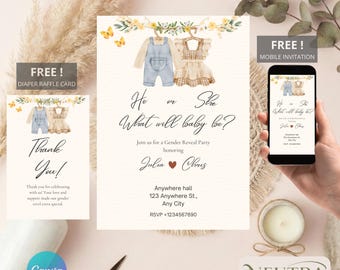 Neutral Gender Reveal Invitation Bundle, He or She Party Template (Canva)