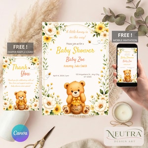 May include: Baby shower invitation set featuring a teddy bear holding a honey pot, surrounded by floral accents. The invitation includes the text "Baby Zoe" and "Thank You" cards. A mobile invitation is also shown.